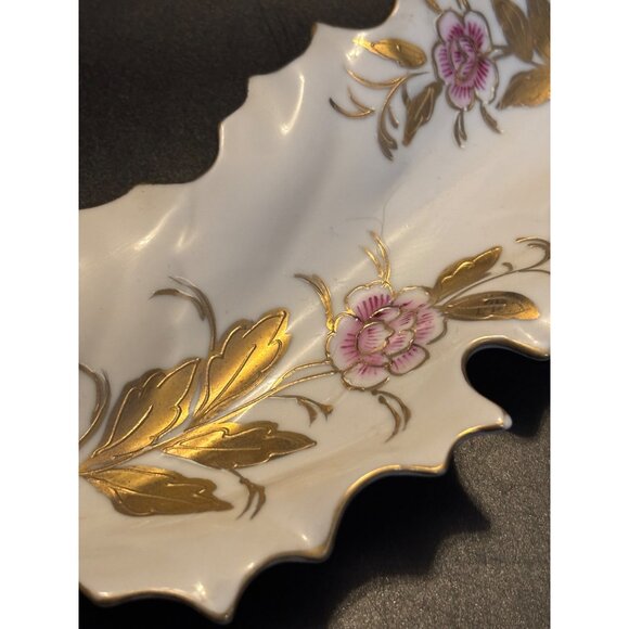 Vintage Kalk White German Porcelain Leaf Dish Floral Gold Trim Floral 10.5" cros - Picture 11 of 11